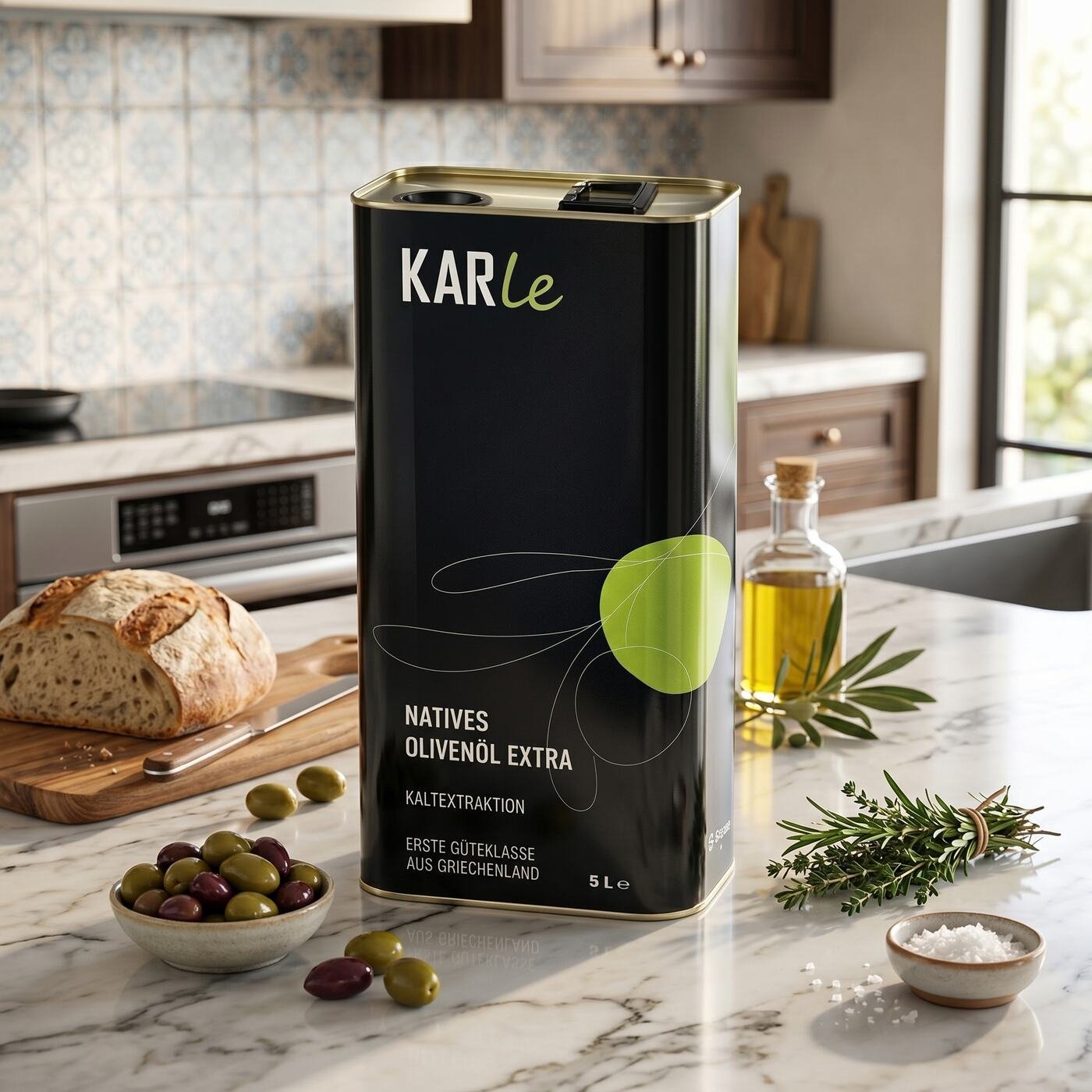 KARle Olivenöl in der Küche neben frischem Brot