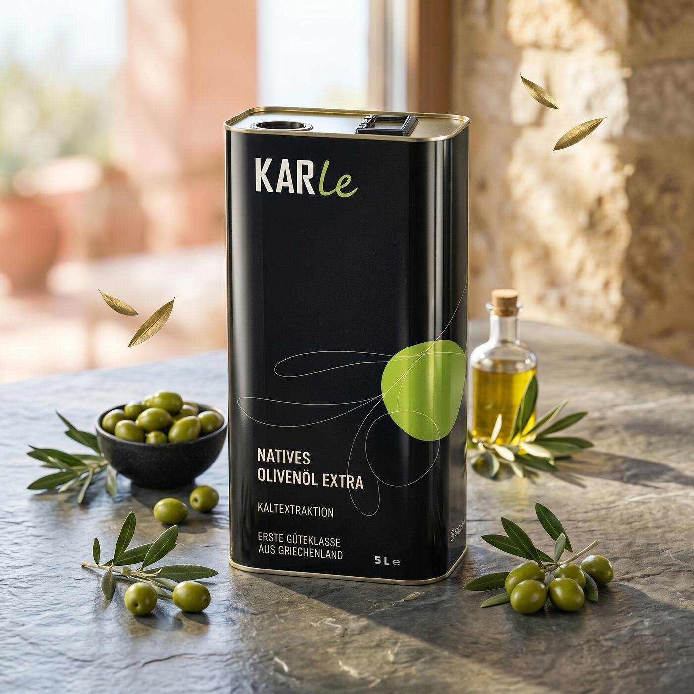 KARle Olivenöl mit Oliven und Olivenzweig auf Steintisch